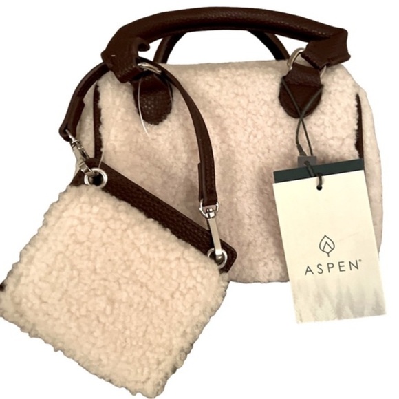 aspen Handbags - Aspen satchel bag cream Sherpa with brown faux leather trim with pouch NWT